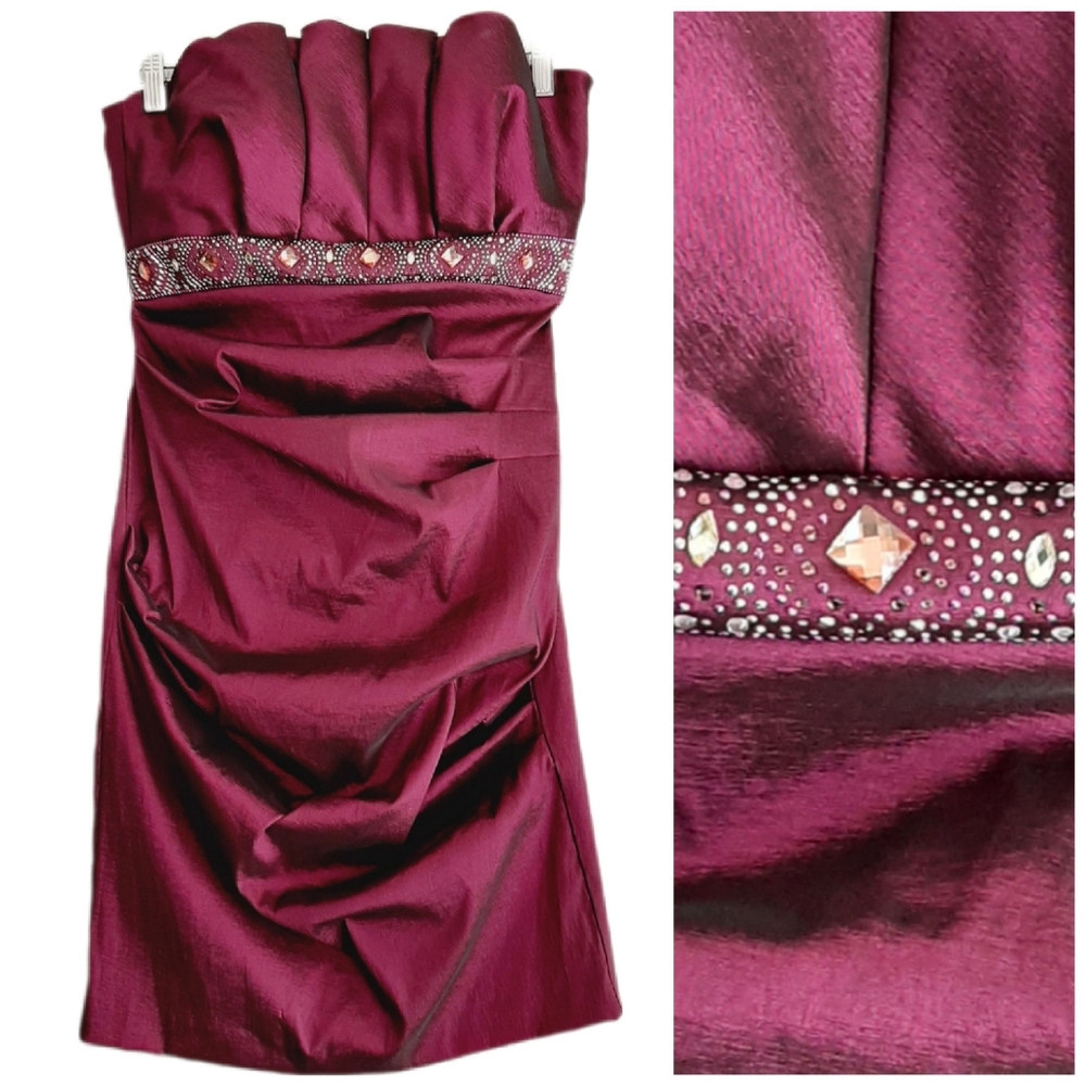🍒 LAURA Strapless Satin Ruched Mini Dress Purple w/ Jewel Embellishments Sz 14